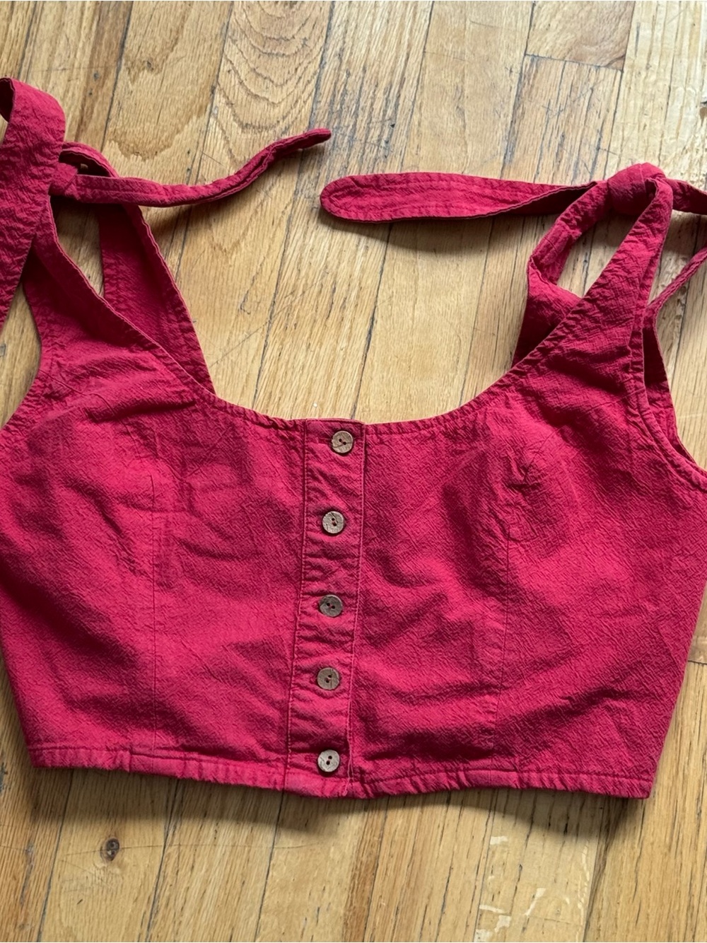 Free People Raspberry Red Tie-Shoulder Button Crop Top